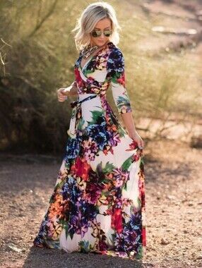 Goodtime USA - Floral Wrap Maxi Dress in Cream with Multicolor Bloom